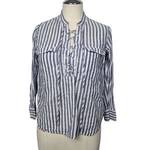Madewell Lace Up Striped Long Sleeve White Blue Shirt XXS